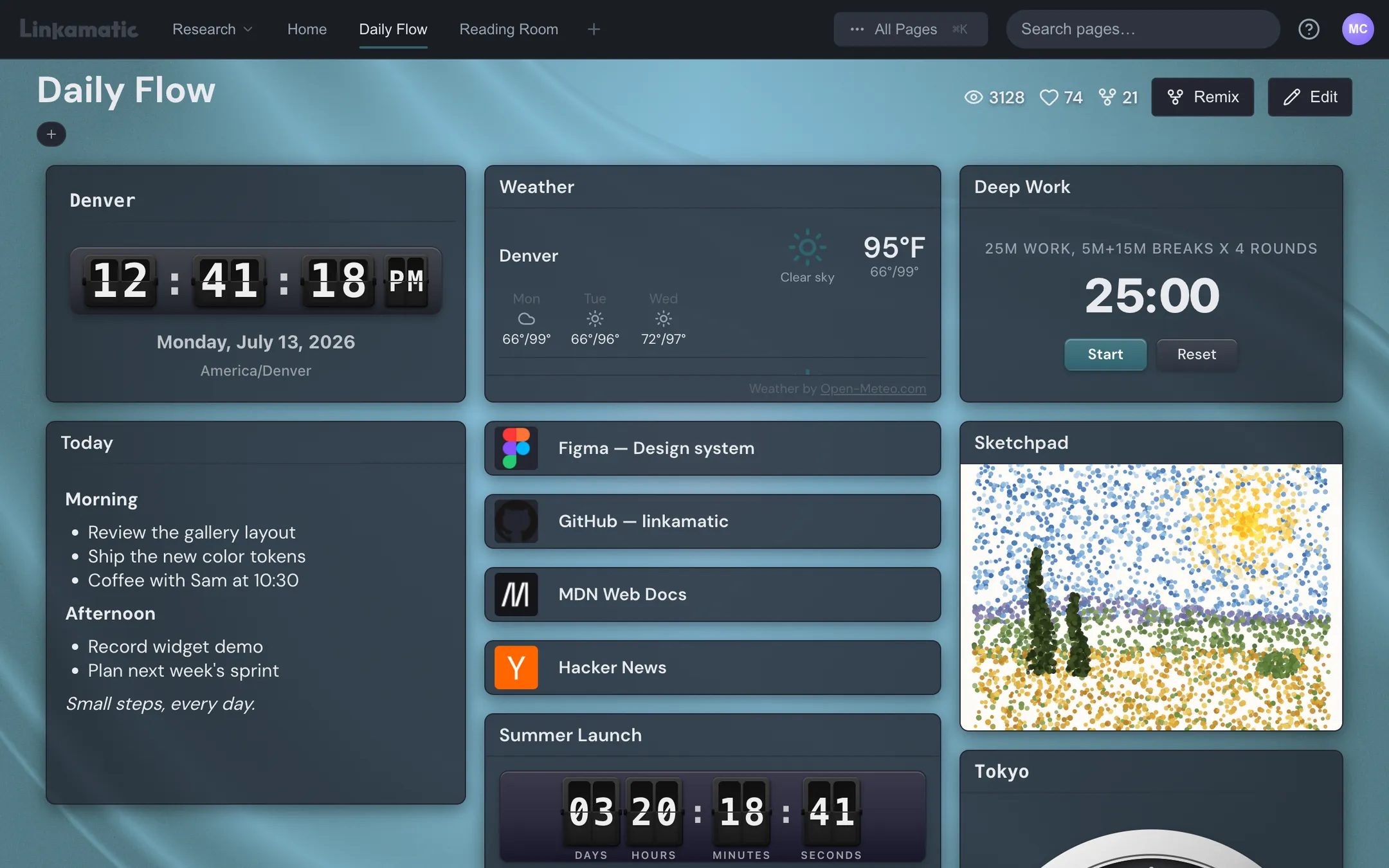 A Linkamatic page with clock, weather, notes, timer, and doodle widgets arranged on a grid