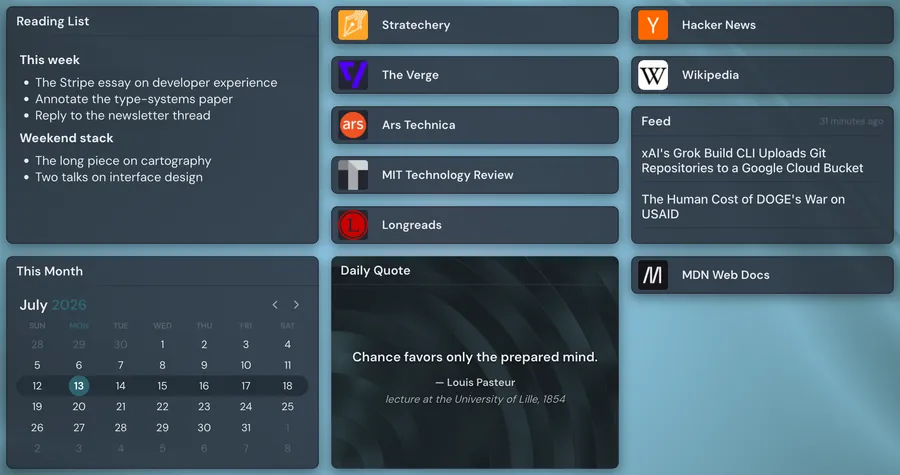 Links, notes, and widgets arranged on a Linkamatic grid